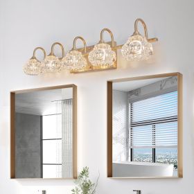 Modern Crystal Bathroom Vanity Light, 5-Light Golden Wall Sconce with Clear Glass Shade, Elegant Wall Mount Lighting for Bathroom, Powder Room