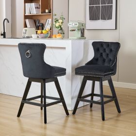 Swivel Velvet Barstools with Button Tufted Decoration and Wooden Legs, and Chrome Nailhead Trim, Leisure Style Bar Chairs,Bar stools, Set of 2 (Black)