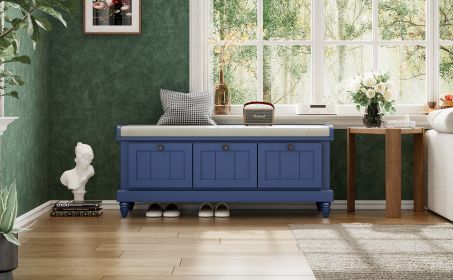 TREXM Classic Storage Bench with Cushioned Seat and Three Drawers for Entryway and Living Room (Navy Blue)