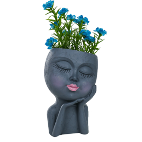 Resin Flower Pot Vase Artistic Sculpture Head Planter Flower Pot (Color: GREY)