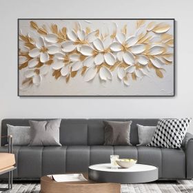 Handmade Oil Painting Gold Foil Flower Knife Canvas Painting Abstract Blooming White Floral Modern Light Luxury Texture Art Premium Home Wall Decor Mi (Style: 01, size: 140x280cm)