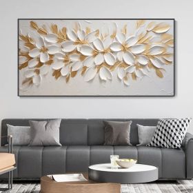 Handmade Oil Painting Gold Foil Flower Knife Canvas Painting Abstract Blooming White Floral Modern Light Luxury Texture Art Premium Home Wall Decor Mi (Style: 01, size: 70x140cm)