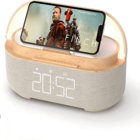 Digital Alarm Clock Radio Bluetooth Speaker Wireless Charger Snooze LED Display Wireless Speaker Loud Alarm Clock Sound Charger (Color: Wood)