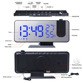 FM Radio LED Digital Smart Alarm Clock Watch Table Electronic Desktop Clocks USB Wake Up Clock with 180° Time Projection Snooze (Ships From: China, Color: Black-Blue)