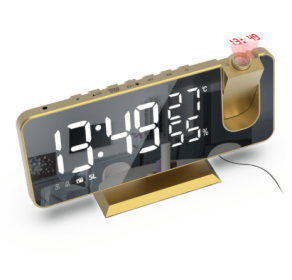 FM Radio LED Digital Smart Alarm Clock Watch Table Electronic Desktop Clocks USB Wake Up Clock with 180° Time Projection Snooze (Ships From: China, Color: Gold)