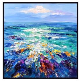 Modern Artist Painted Abstract Dark Blue Sea Oil Painting On Canvas Wall Art Frameless Picture Decor For Living Room Home Gift (size: 120x120cm)