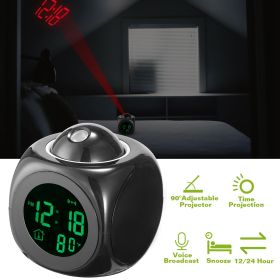 LCD Projection Alarm Clock Battery Powered with Voice Broadcast Function Snooze Temperature Display 12/24 Hour Time System (Color: Black)