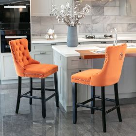 Contemporary Velvet Upholstered Barstools with Button Tufted Decoration and Wooden Legs, and Chrome Nailhead Trim, Leisure Style Bar Chairs,Bar stools (Color: as Pic)