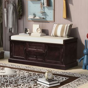 Storage Bench with 2 Drawers and 2 Cabinets,Shoe Bench with Removable Cushion for Living Room,Entryway (Material: Solid Wood, Color: Espresso)