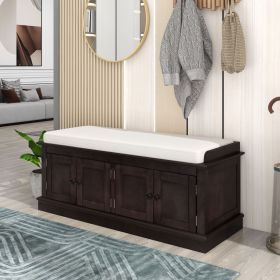 Storage Bench with 4 Doors and Adjustable Shelves,Shoe Bench with Removable Cushion for Living Room,Entryway (Material: Solid Wood, Color: Espresso)