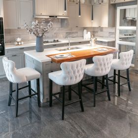 Contemporary Velvet Upholstered Wing-Back Barstools with Button Tufted Decoration and Wooden Legs, and Chrome Nailhead Trim, Leisure Style Bar Chairs (Color: as Pic)